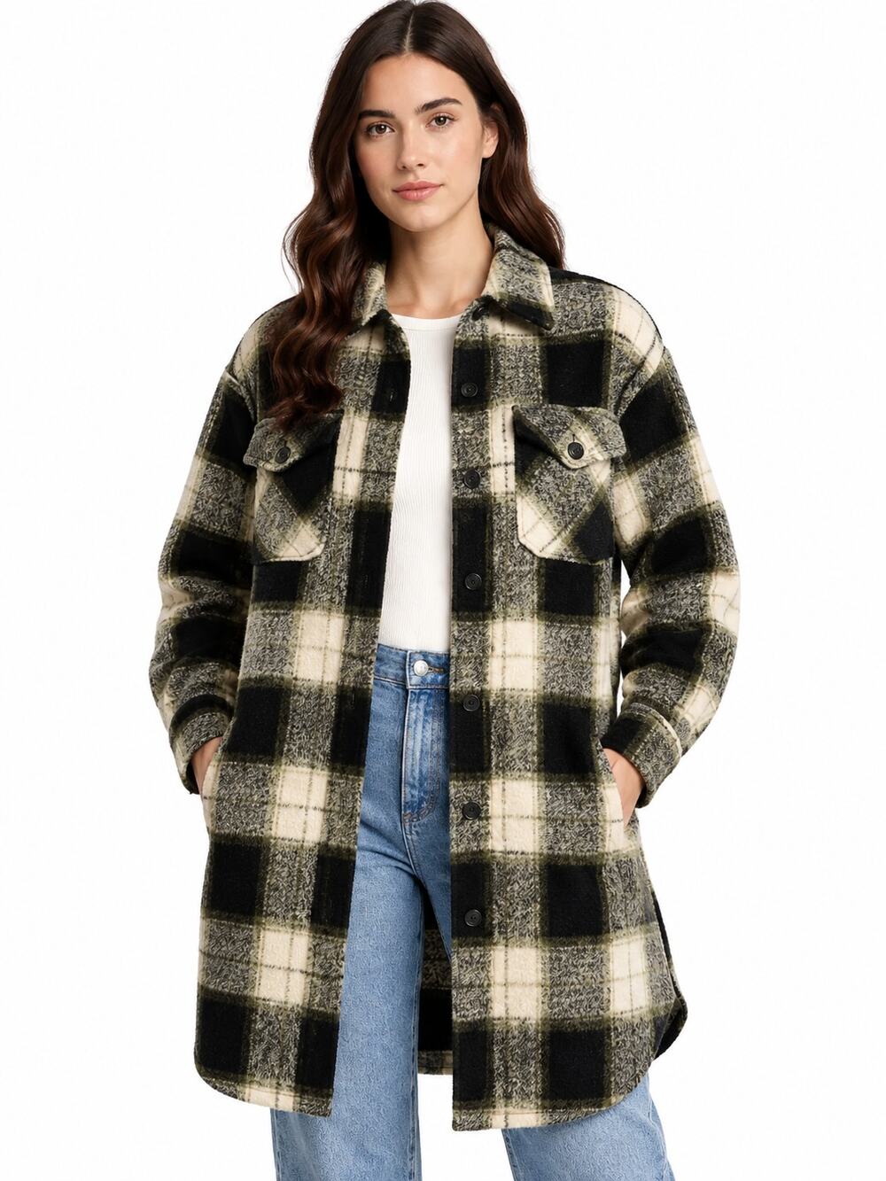 Steve Madden Plaid Wool Blend Shacket Coat Black Cream Size M NWT